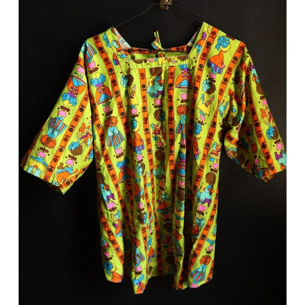 Vintage MCM 70s Design House Smock Apron Tie Artsy Painter Little Girl Print